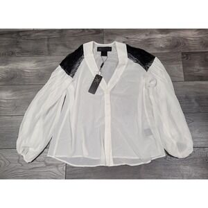Women's Kardashian Kollection Lace Shoulder Blouse Long Sleeve White Size XS